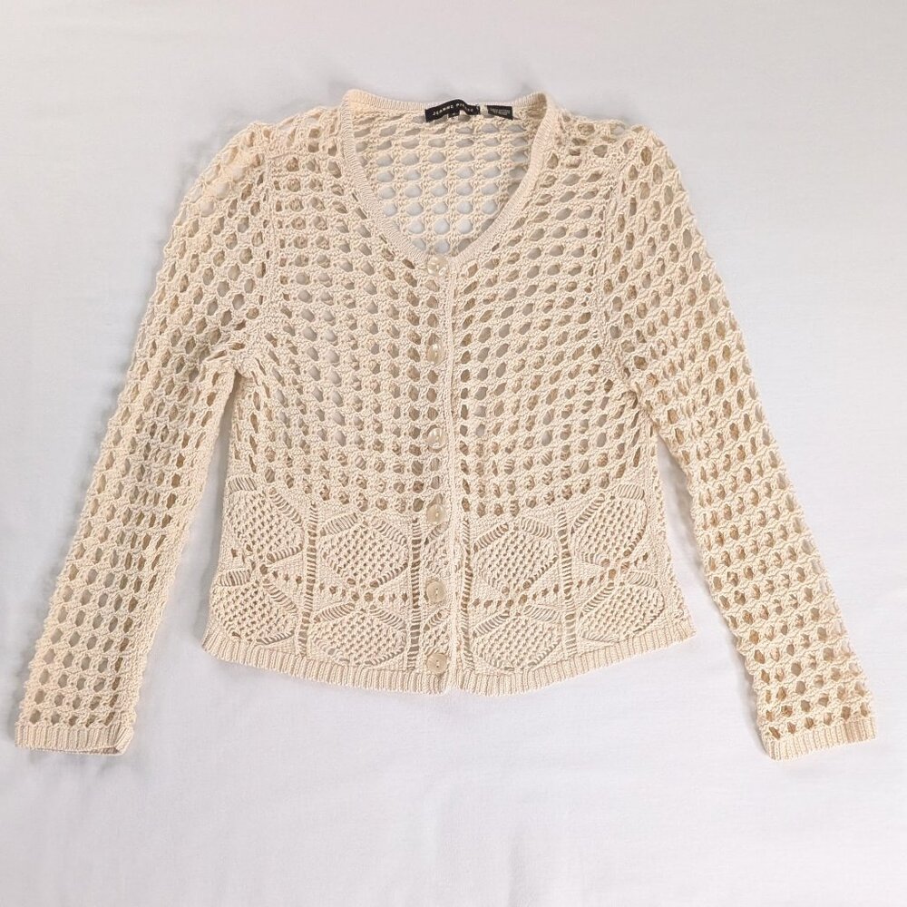 Y2k Cream Open Knit Crochet Button Up Cardigan Fairy